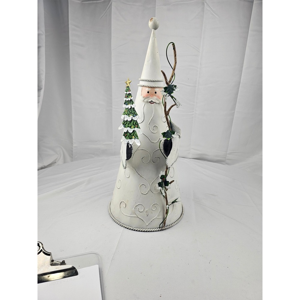 White Metal Cone Santa‎ Claus Sculpture with Christmas Tree Holiday Decor